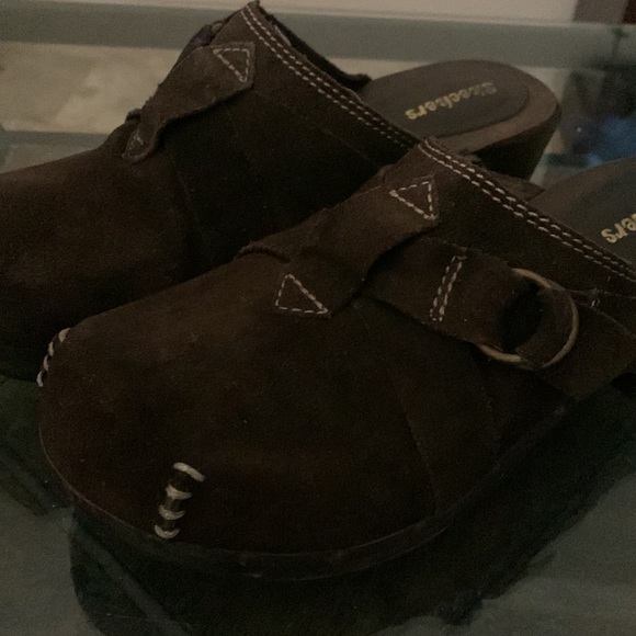 SKETCHERS Wooden Clogs Platform Brown Leather Slip On - Picture 6 of 11